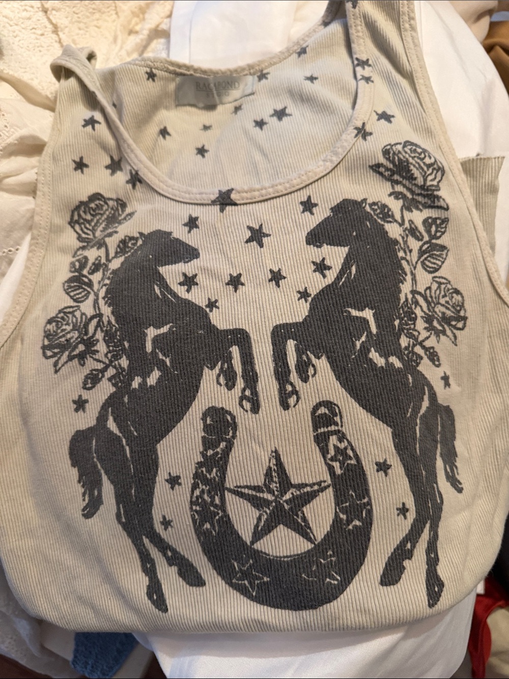 Free people Ragabond Graphic Horse  Horseshoe Tank Top Beige with Charcoal Print